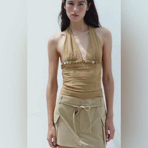 Zara NWT Bohemian Beach Resort Wear Tan V Neck Sea Shell Halter Top (Medium) - Picture 2 of 7